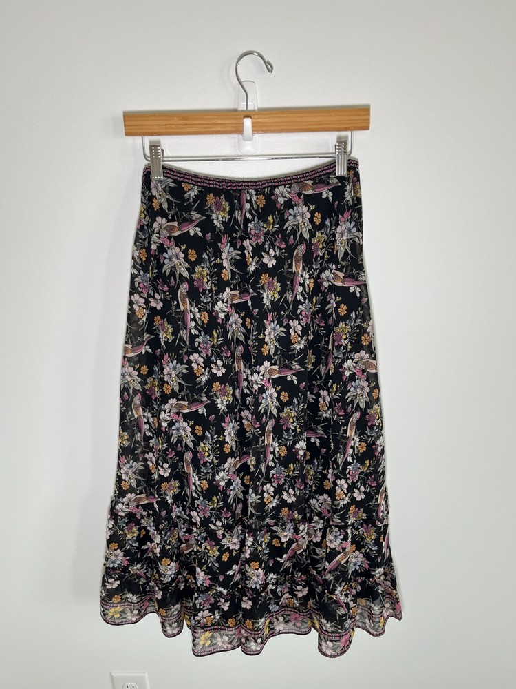 Max Studio Floral Birds Womens S Maxi Skirt Black Forest Fairy Cottage Boho