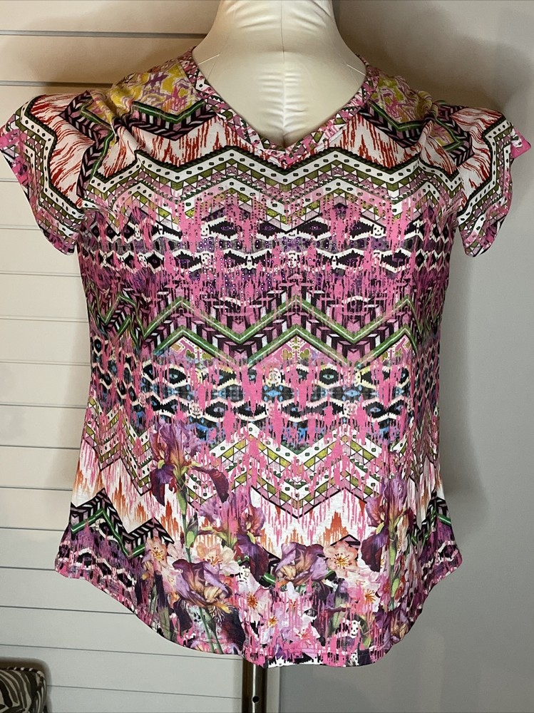 Woman's Avenue Pink Green Yellow Purple Geo Floral Blouse Shirt Top Size 22/24