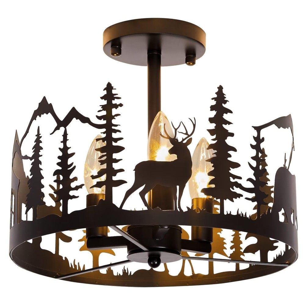 Rustic Farmhouse 3-Light Semi-Flush Mount Ceiling Fixture with E12 Base in Black