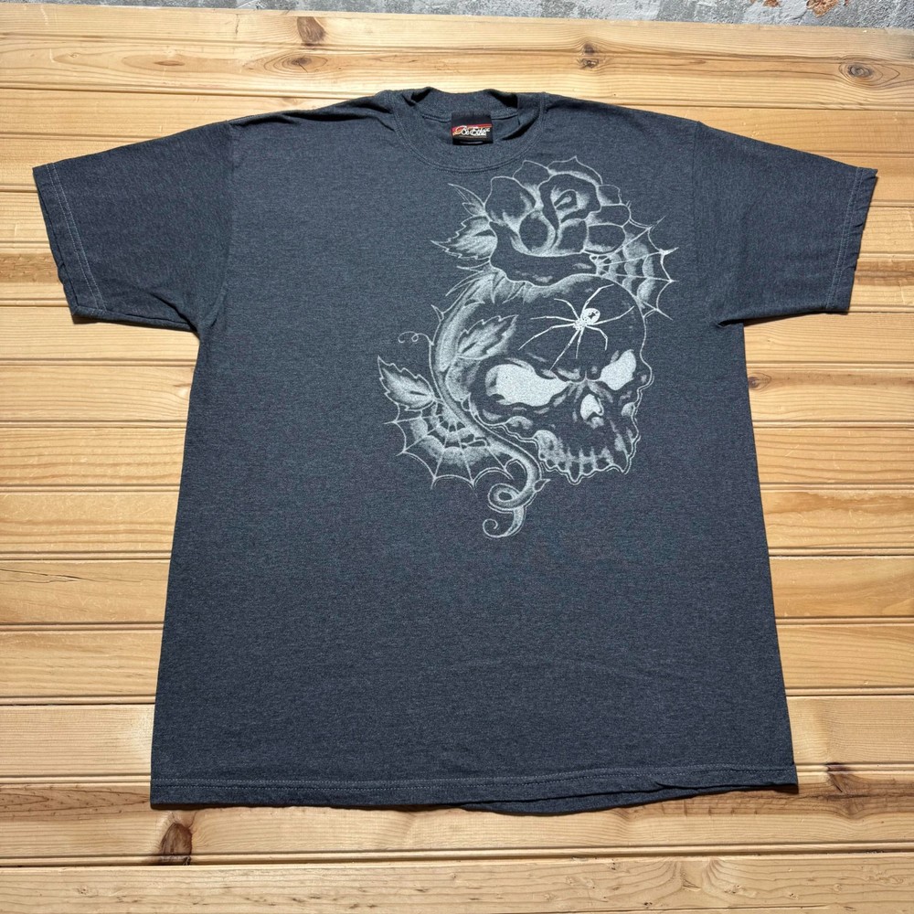 Vintage Y2K Skull Rose Spider Web Biker Rock Goth Punk Graphic T-Shirt - Large