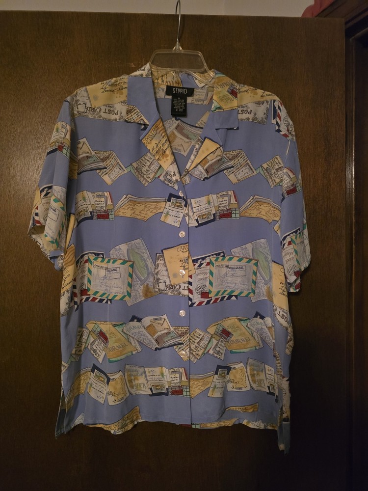 Vintage Studio 3000 100% Silk Xlg Women's Blouse - Stamps, Postcards