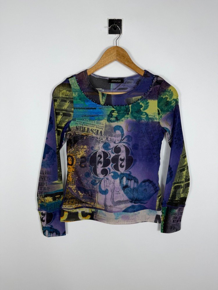 Apanage Vintage 90s Long Sleeve Mesh Top Jean Paul Gaultier Style All Printed