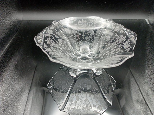 Cambridge Rose Etched Glass Serve Bowl 4 Panel Fluted Edge Footed Vintage