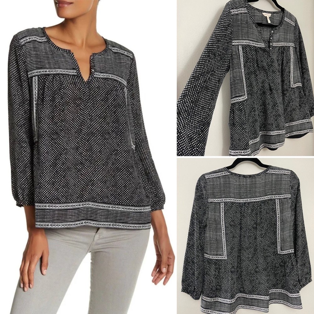 Rebecca Taylor Boho Patchwork Silk Blouse in Monochrome Print Size 2