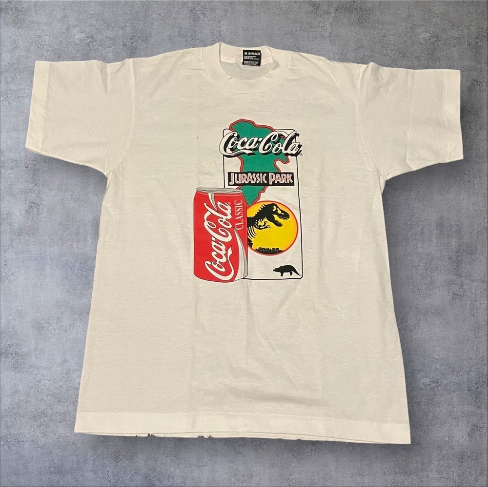 Vintage 90’s Coca-Cola Jurassic Park T-Shirt Movie Promo Tee USA Made Rare Sz M