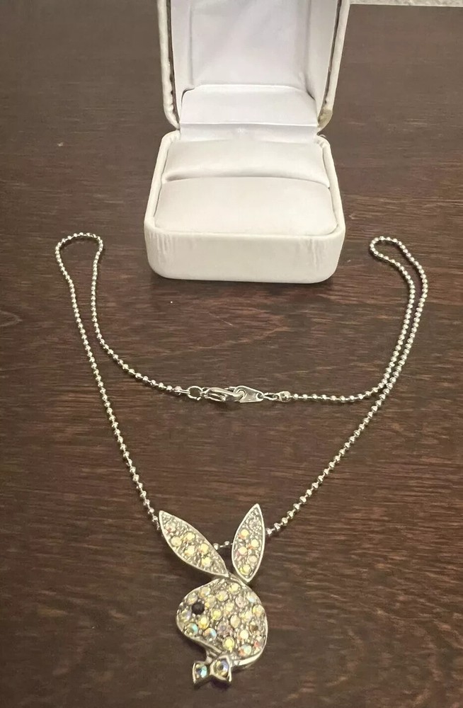 Vintage Y2K Playboy Bunny Pendant Necklace Silver-Tone Rhinestone Black Eye 16”