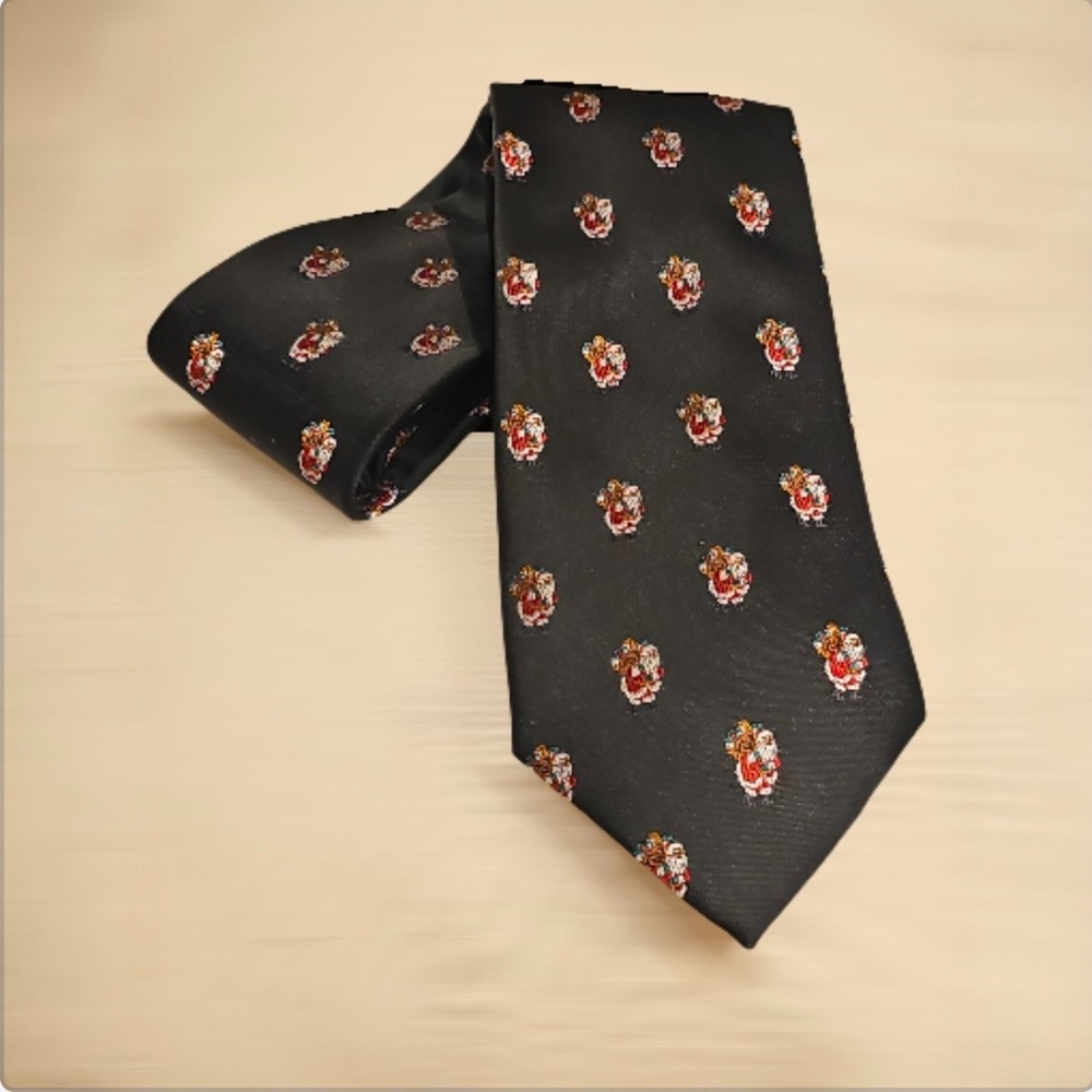 Black Christmas Necktie with Santa Claus Design Holiday Tie for Men