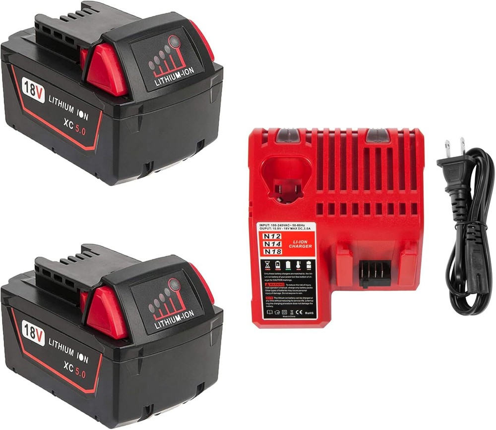 2PACKS 5.0Ah 18V Lithium Battery & Charger for Milwaukee M18 48-11-182