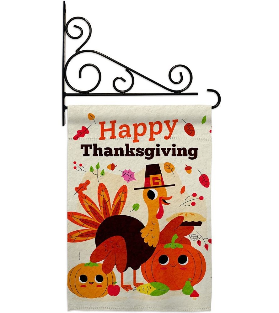 Thankful Turkey Garden Flag Set with Wall Holder - Fall Thanksgiving Decor