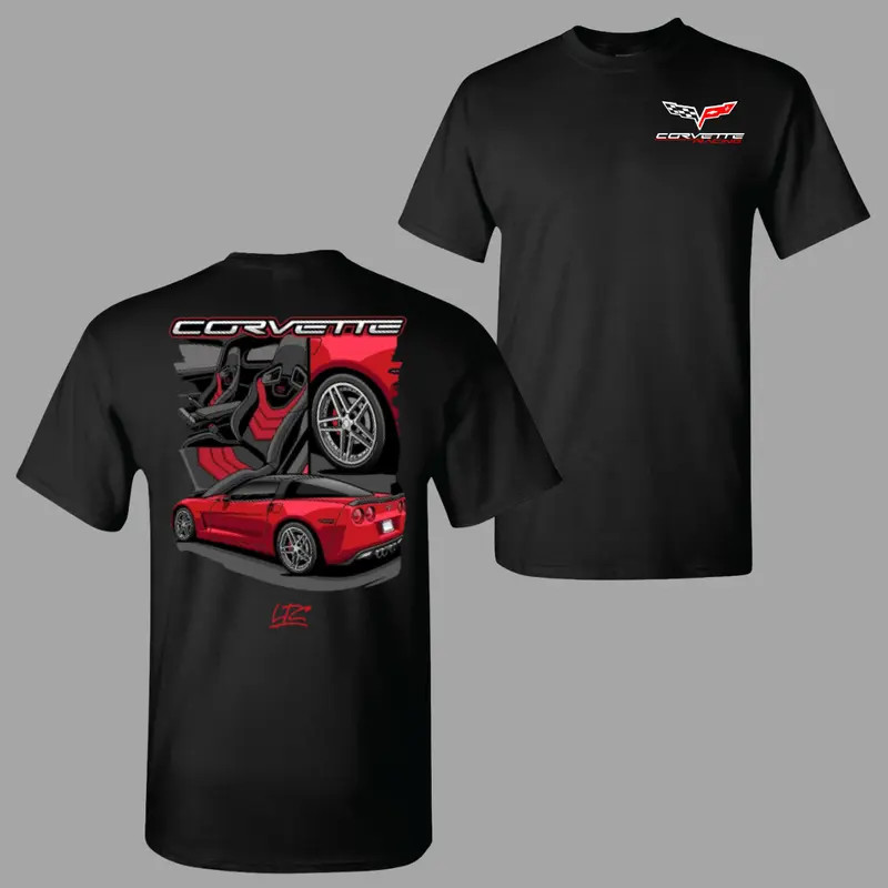 Corvette Red Sports Car T-Shirt, Bold Racing Graphic Tee 2 Sides with Interior a