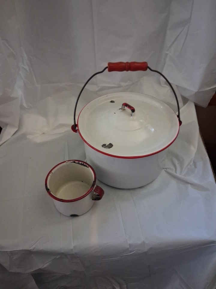Antique Porcelain Enamel Ware Slop Or Chamber Pot with Lid and Matching Mug