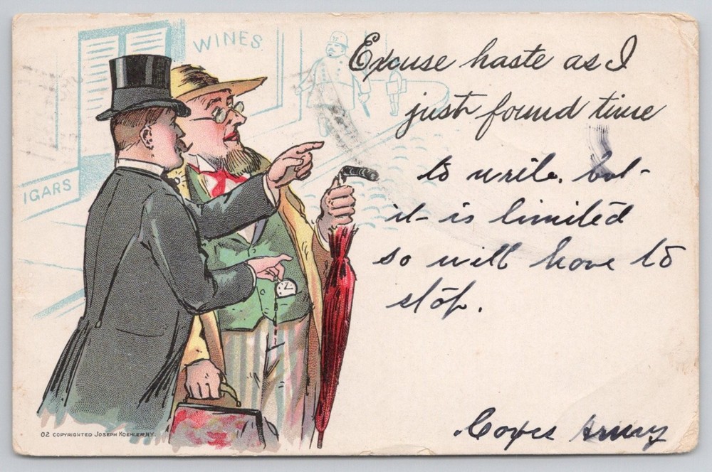 1905 Joseph Koehler Comic Postcard Two Men Cigar Store WINES IGARS