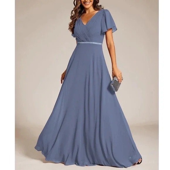 Ever Pretty Maxi Dress Blue Gown Embellished Waist Flutter Sleeve Formal Size 16