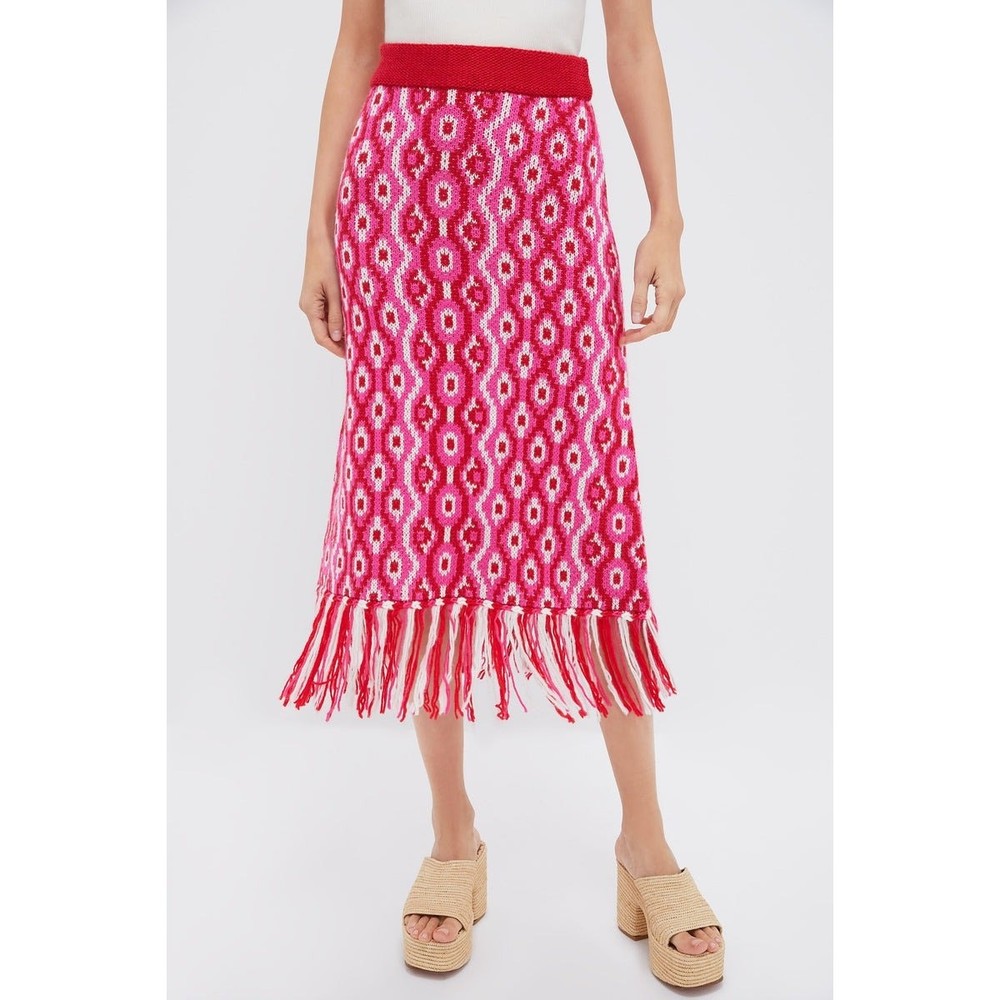 HYACINTH HOUSE Red & Pink Geo Knit Mabel Midi Skirt Size L NWT