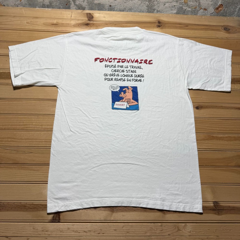 Vintage 90s Fonctionnaire Epuise Par Le Travail French Pig Cartoon T-Shirt - XL