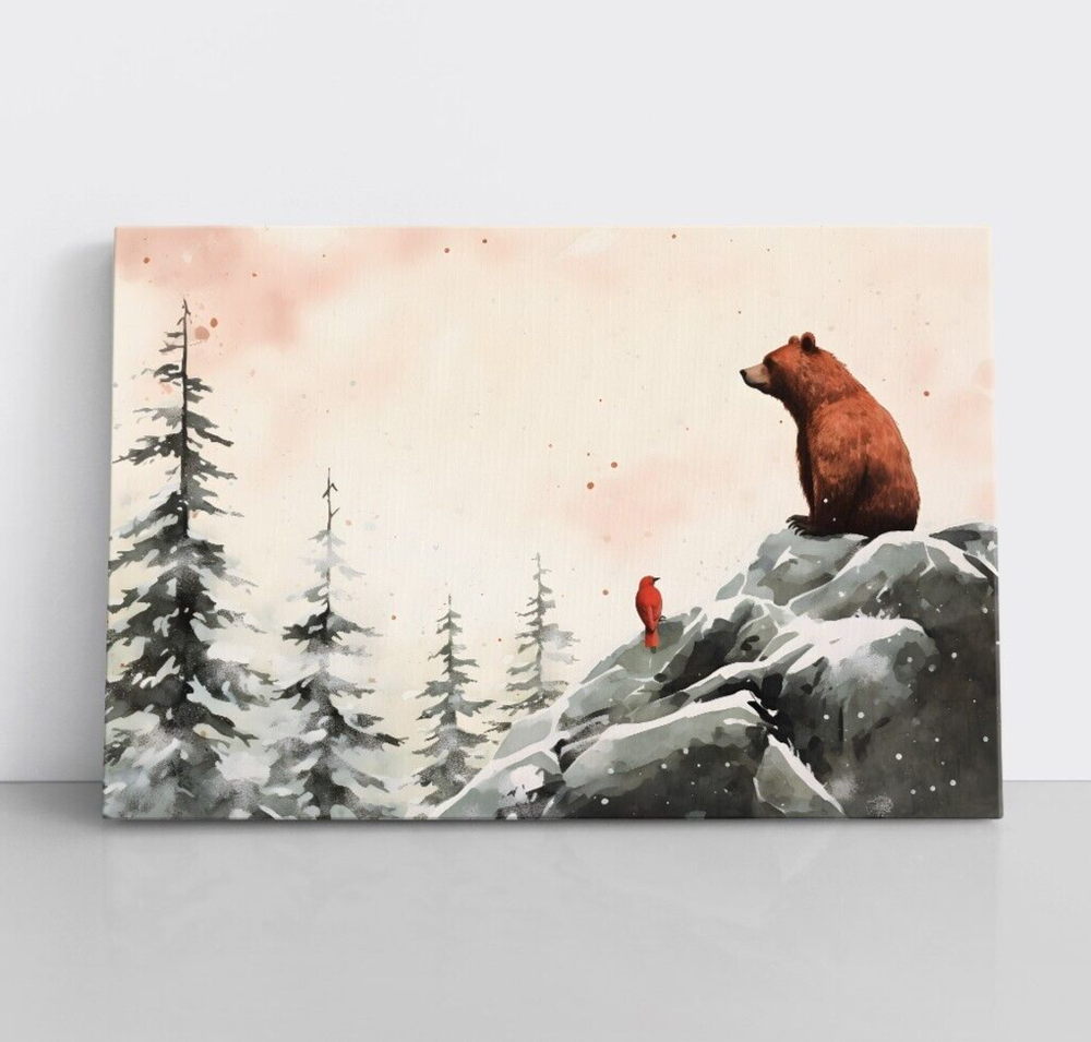 Cute Bear and Cardinal Winter Framed Canvas Wall Art Print