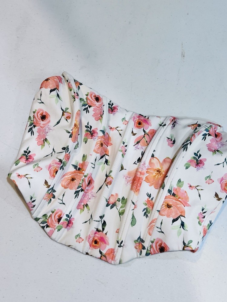 Womens Cottagecore Floral Corset Bustier Crop Top White Pink Roses Strapless Y2K