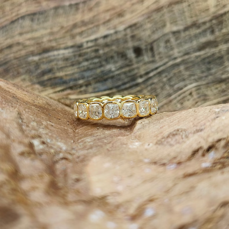 4 Ct Cushion Cut Simulated Diamond Wedding Eternity Ring 14k Yellow Gold Plated