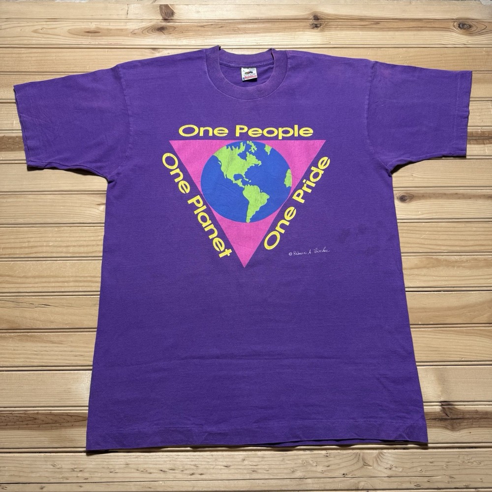 Vintage 80s One People One Planet One Pride World Peace Art Shirt Size Large