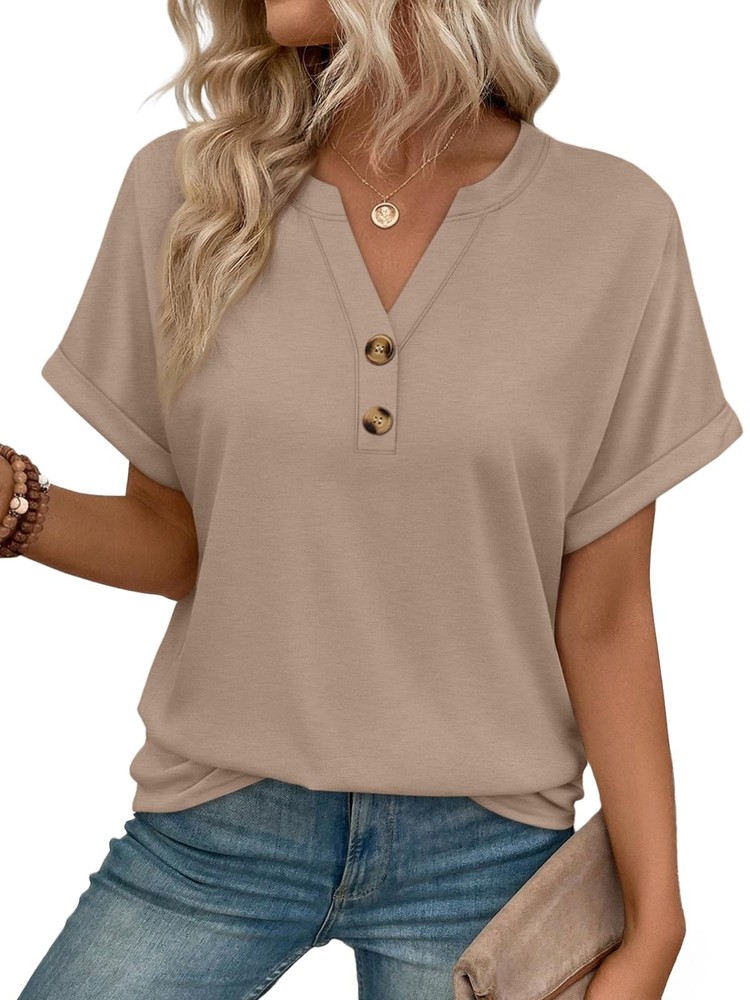Womens Spring Tops 2026 Short Sleeve Shirts Henley Dressy Casual Blouses V Ne...