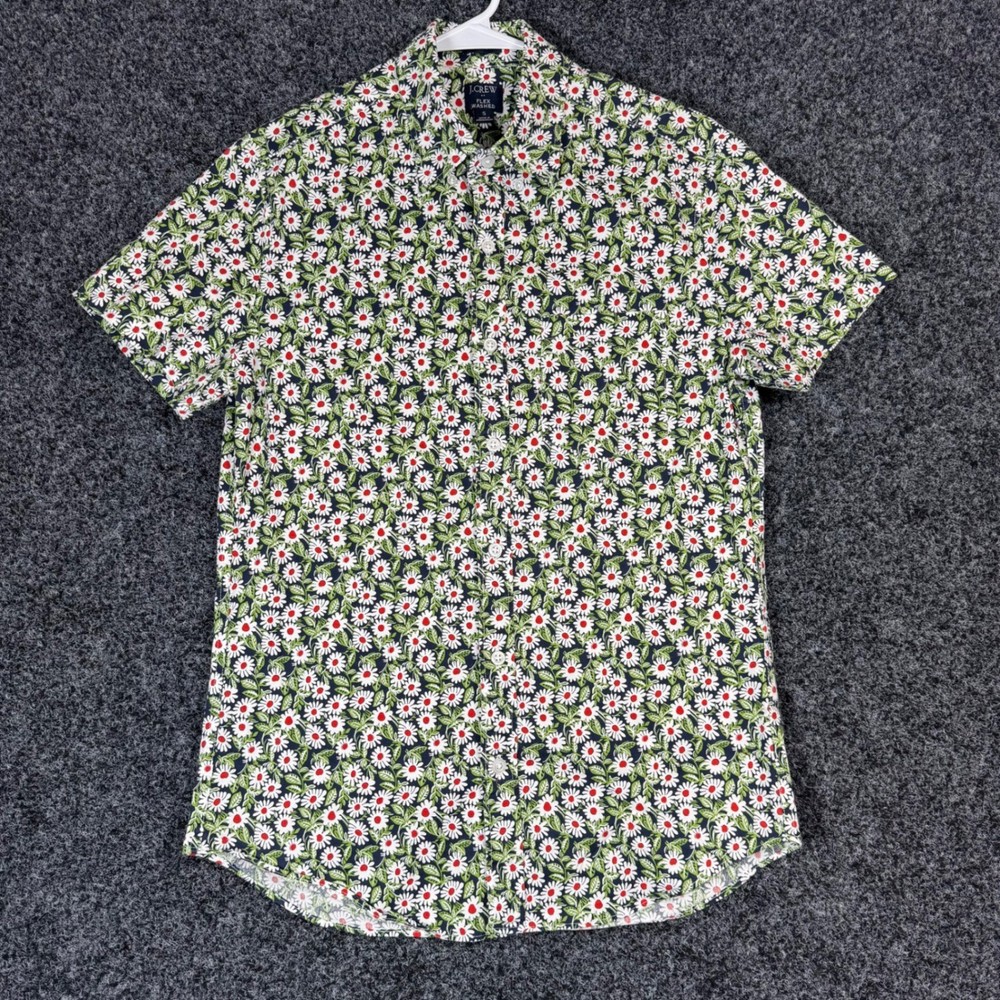 J Crew Flex Washed Short Sleeve Button Down Shirt Daisy Print Navy Men's Small