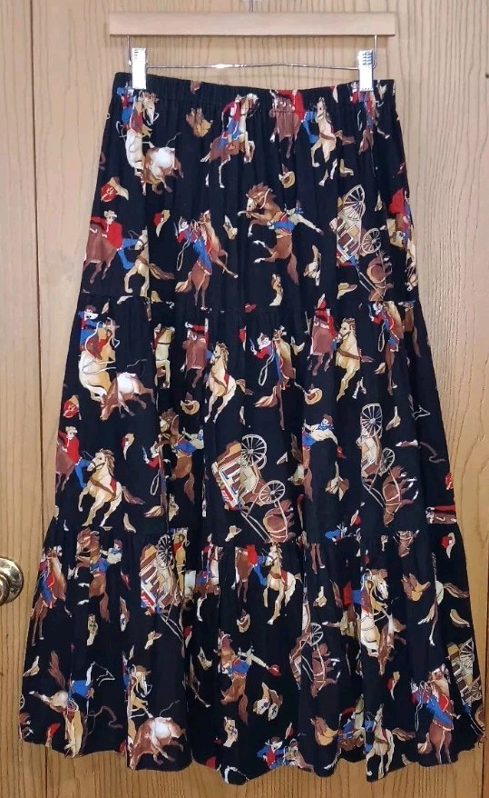 Billings Tiered Maxi Skirt Womens One Size Black With Cowboys Rodeo Western...
