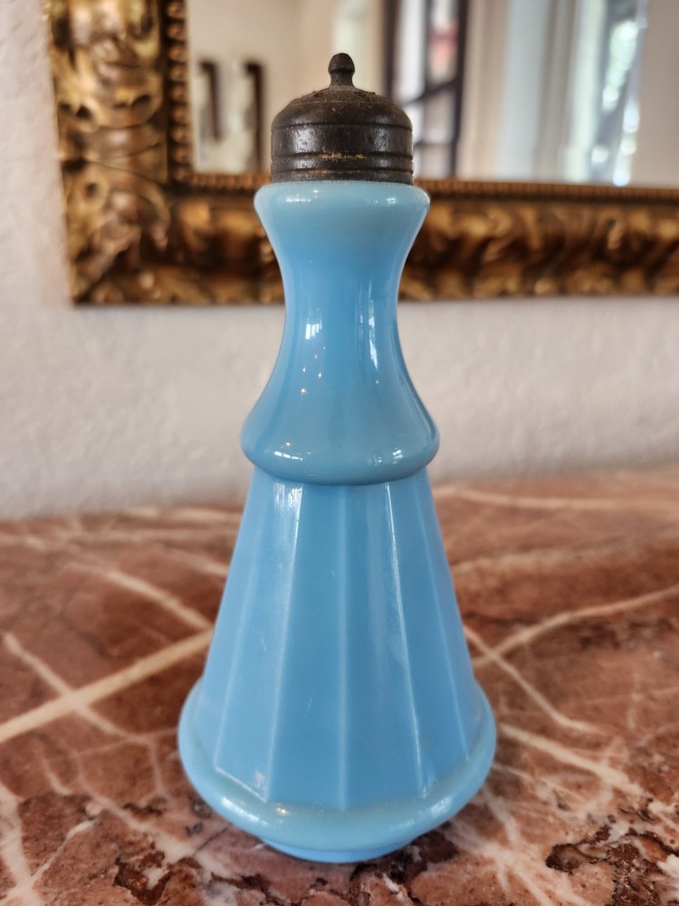 Vintage McKee Blue Opaline Milk Glass Salt or Pepper Tall Ribbed Shaker 1910 USA