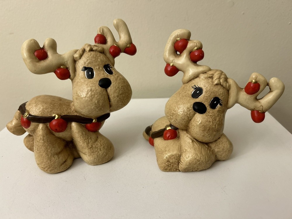 Lot Of 2 Ceramic Reindeer Big Cheeks Whimsy Red Ornament Nicely Hand Painted 5”