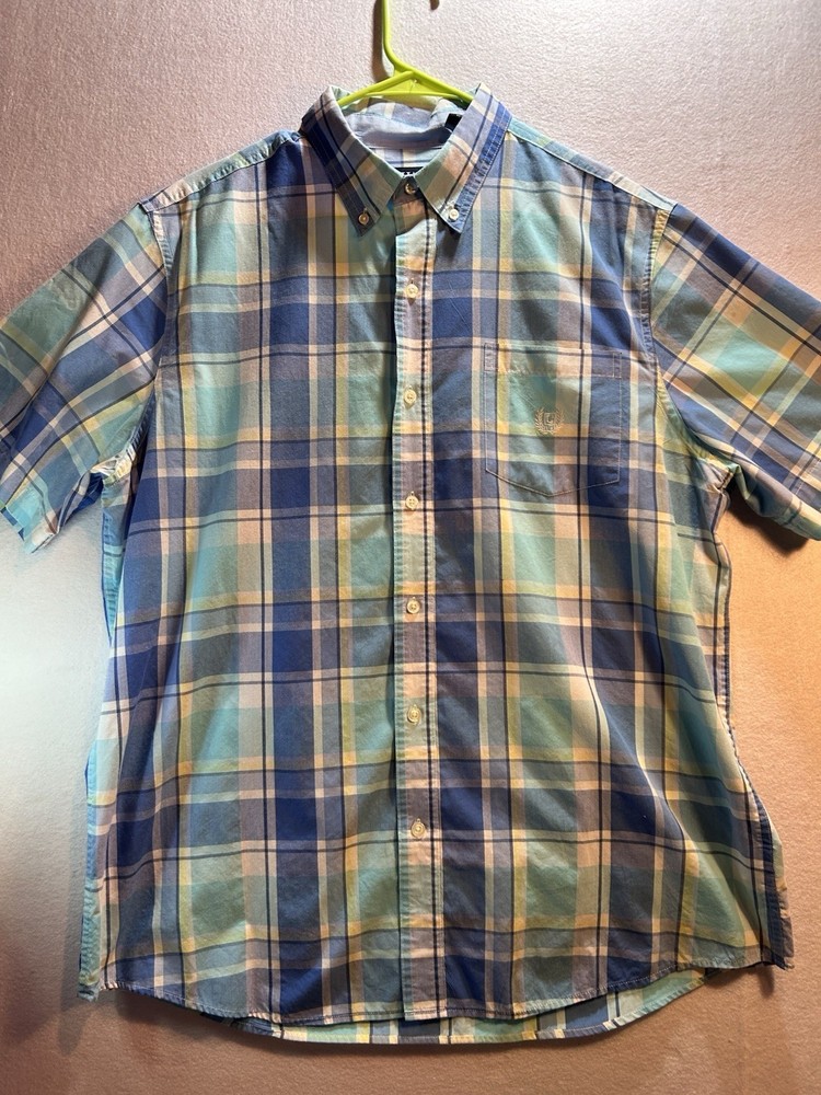 Chaps Easy Care Men's XL Plaid Woven Short Sleeve Button-Down Pocket Shirt