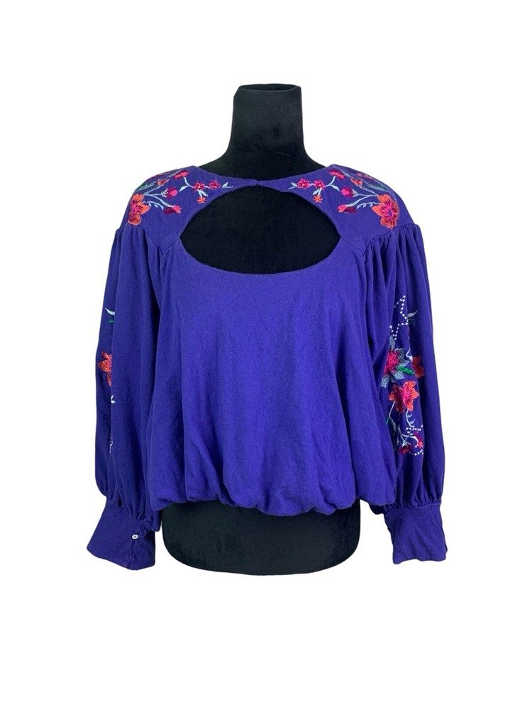 Free People Lita Embroidered Top Size XS Floral Balloon Sleeve Crop Blouse Boho