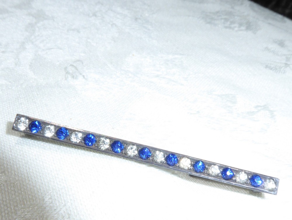 Gorgeous Sterling Silver Vintage Art Deco Barpin Brooch Blue Clear Rhinestone