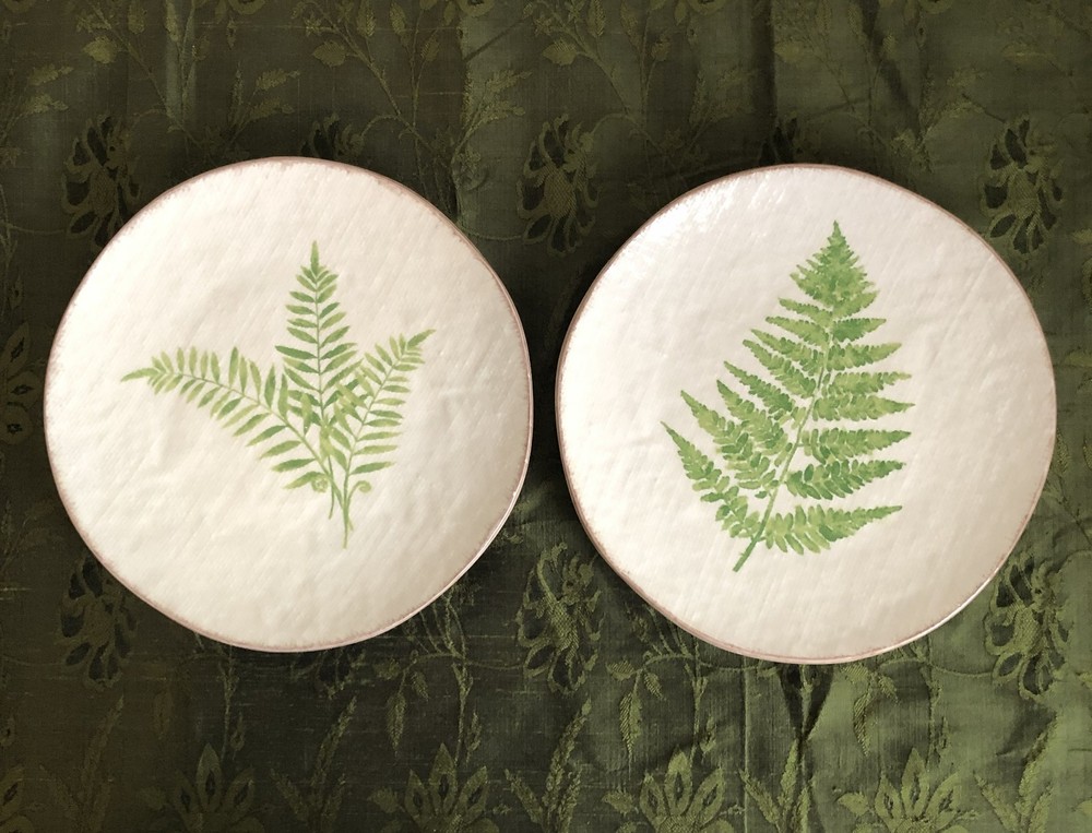 Pier 1 Stoneware Salad Plates Green Ferns Textured Glaze 8.5