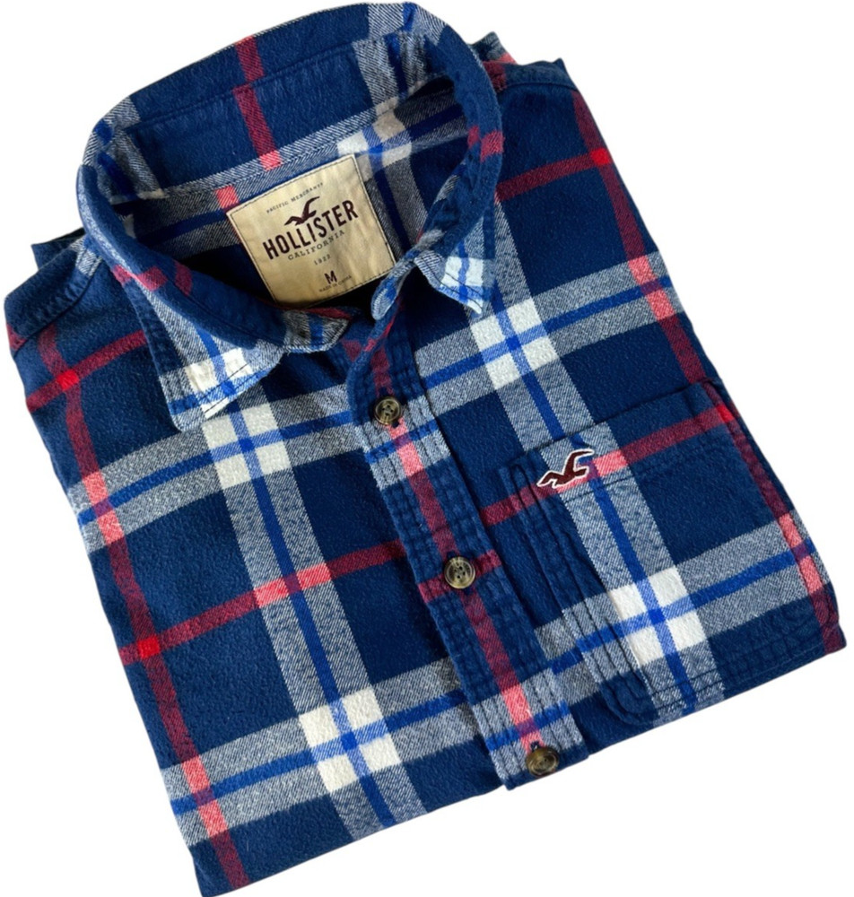Hollister Plaid Flannel Men M Button Long Sleeve Pocket Shirt Red/White/Blue USA