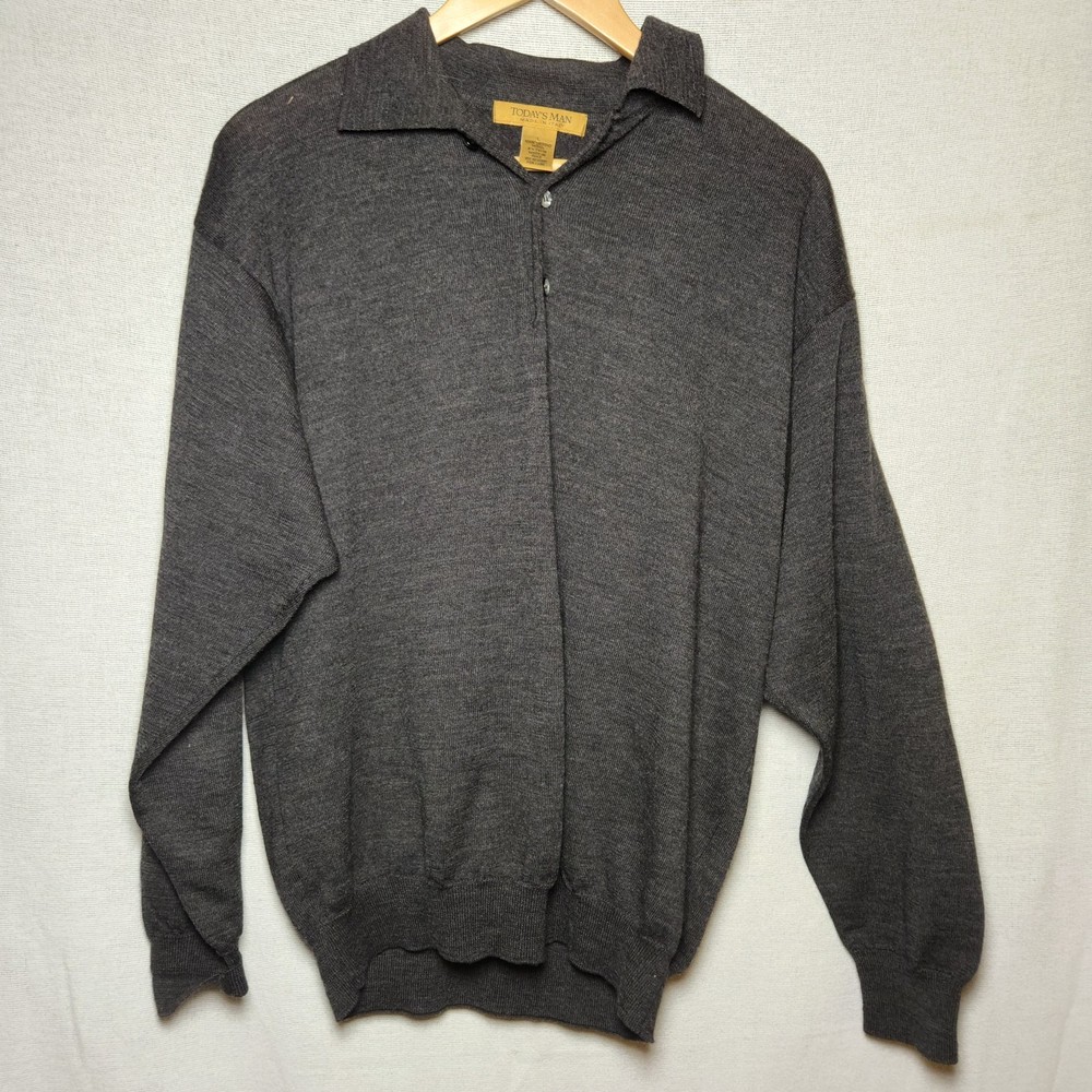 today's man polo shirt long sleeve charcoal merino wool made in italy size l