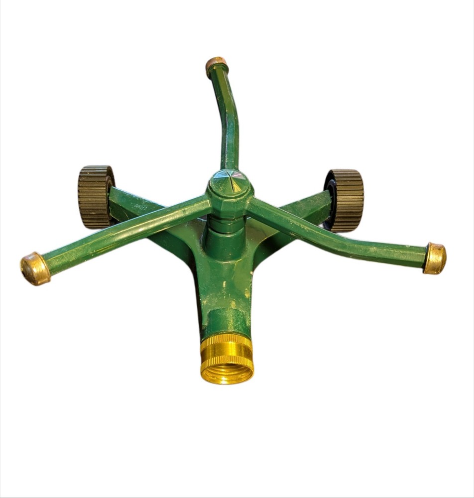 Green Metal Revolving  3-Arm Rotary Sprinkler w/ Wheeled Base