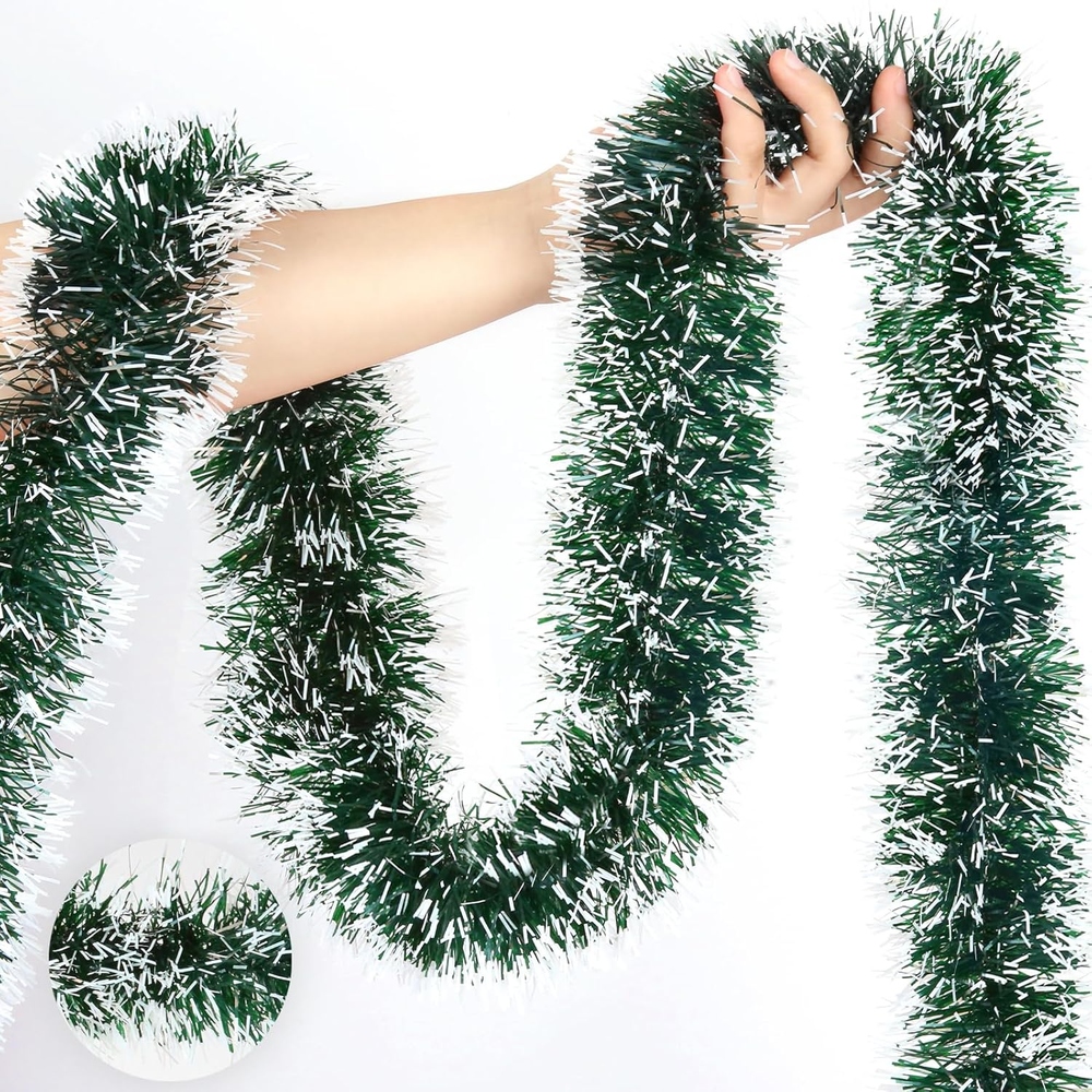 50Ft Christmas Tinsel Garland Decorations, Green Metallic Twist Garland for Chri