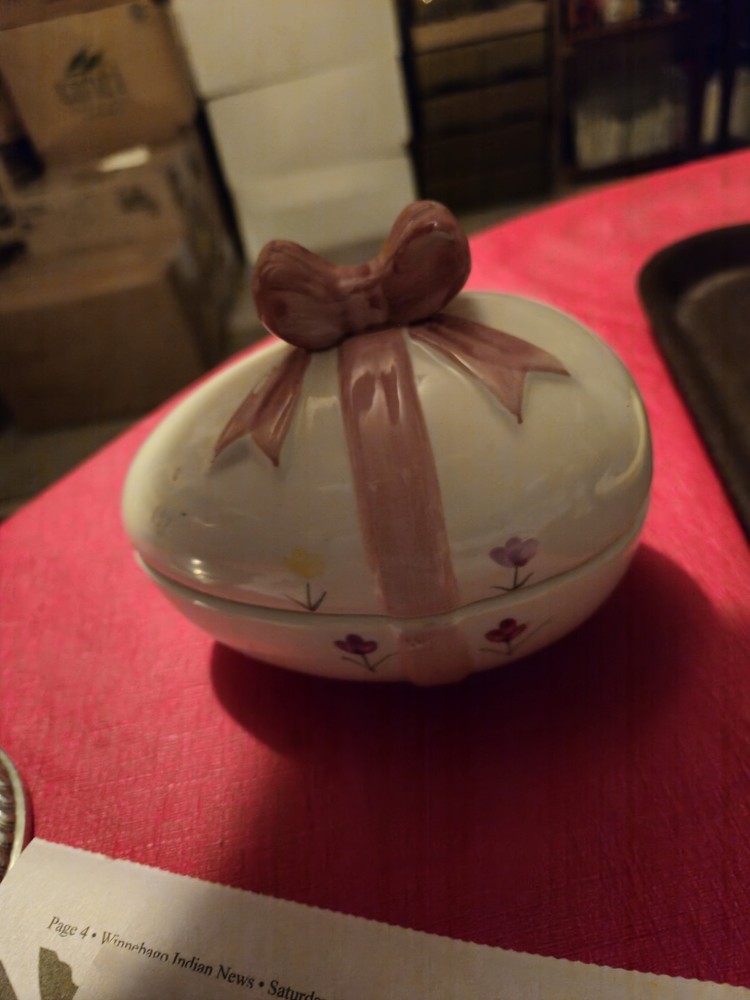 Vintage Hand Painted Ceramic Easter Egg Shaped Candy Dish with Lid