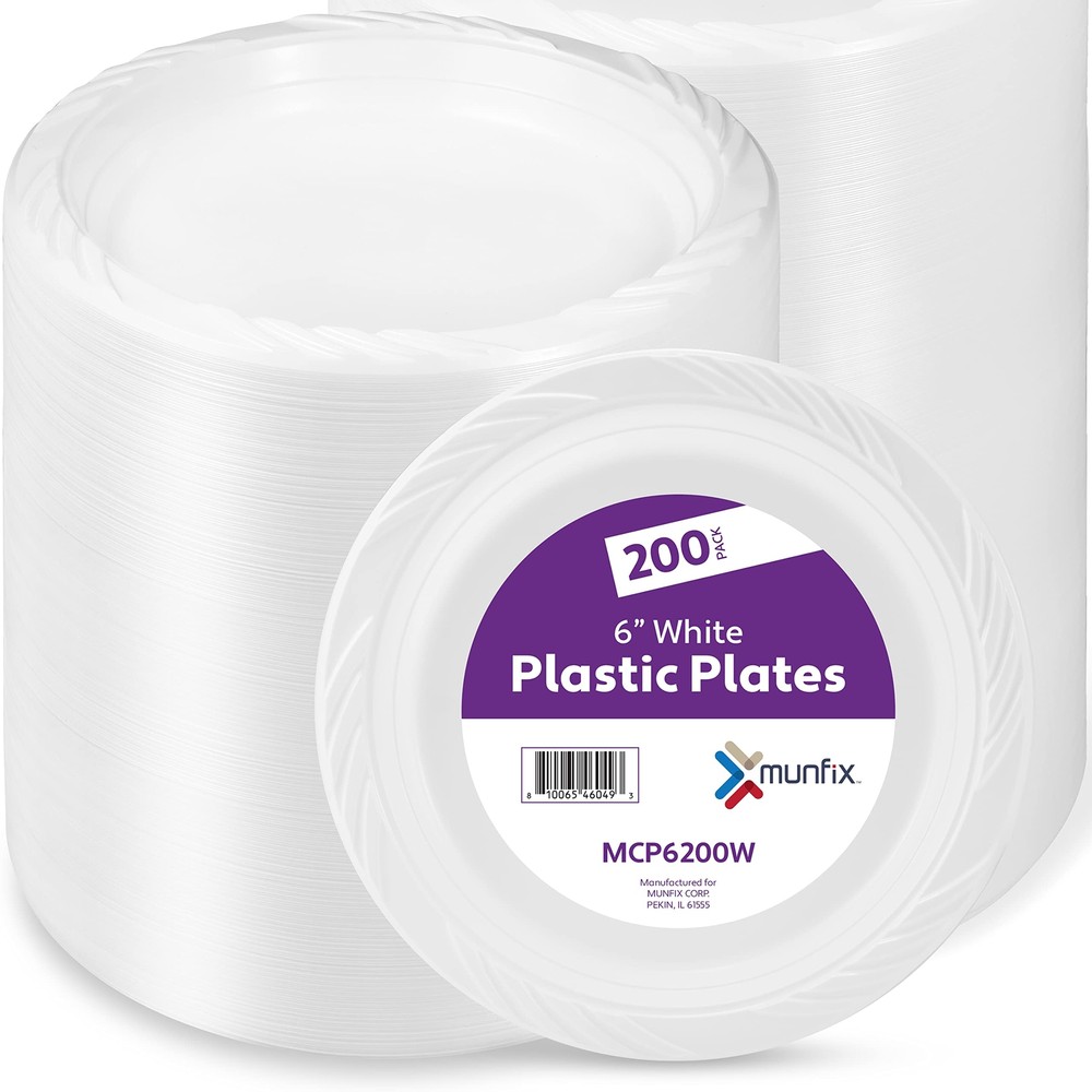 200 White Plastic Plates Set - 6 Inch Plastic Dessert Plates, Disposable Plat...