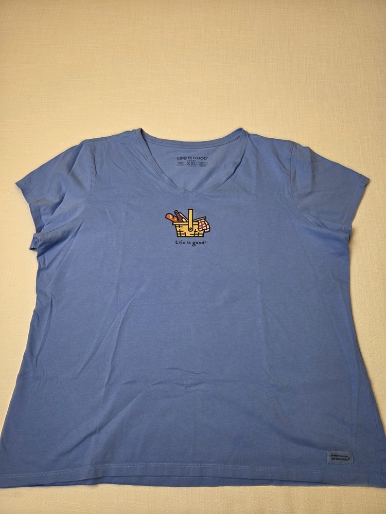 Life Is Good T-shirt Picnic Basket Blue V-Neck Women’s Size XXL