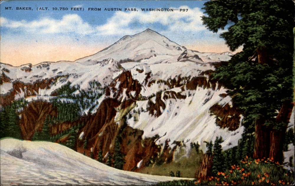 Mt Baker from Austin Pass Washington aerial view ~ 1940s vintage linen postcard
