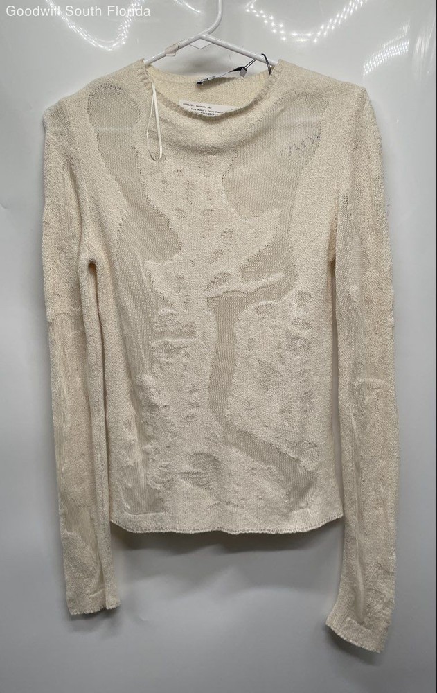 Zara Womens Ivory Long Sleeve Crew Neck Regular Fit Pullover Sweater Size S