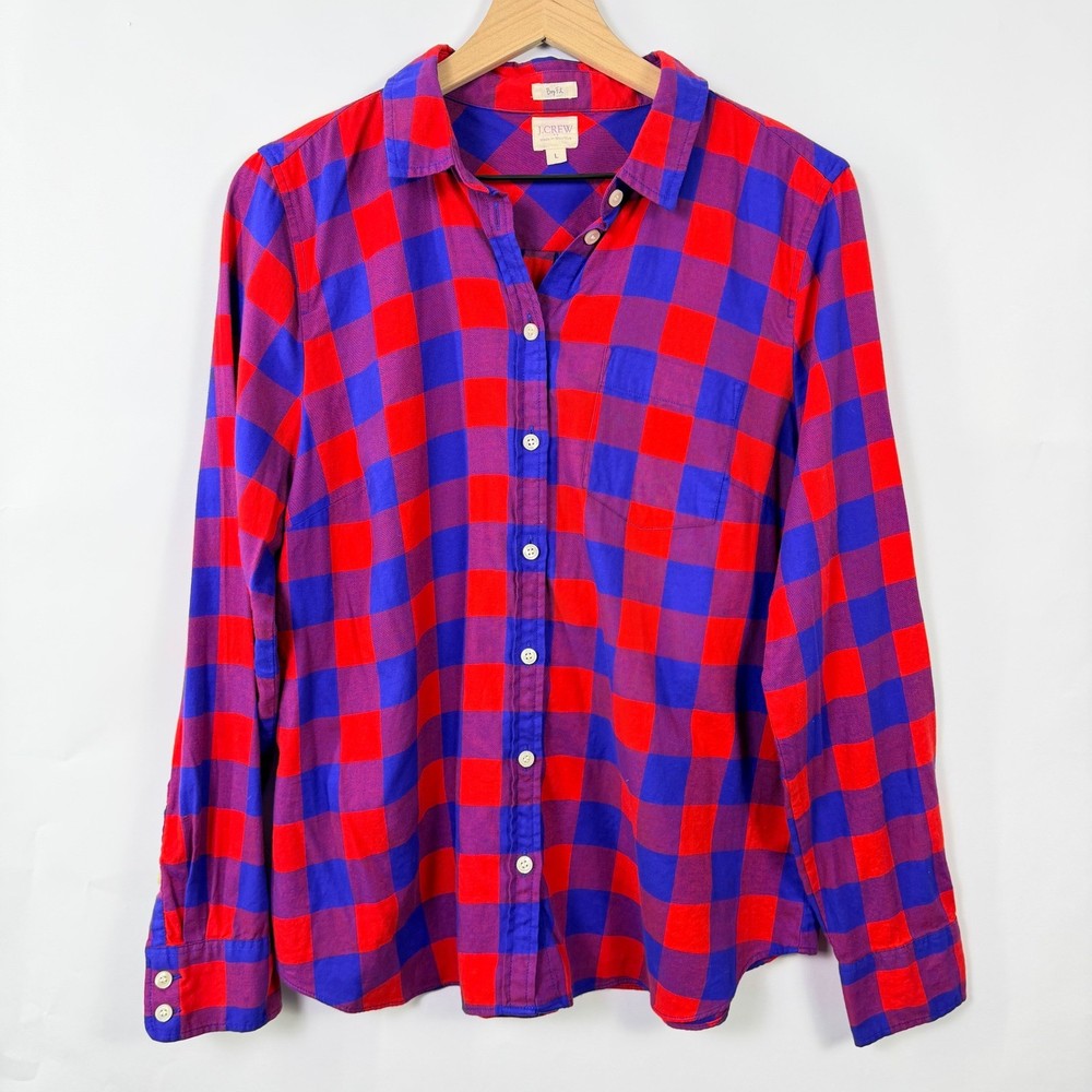 J.Crew Boy Fit Flannel Shirt Womens Large Red Blue Buffalo Check Plaid Button Up