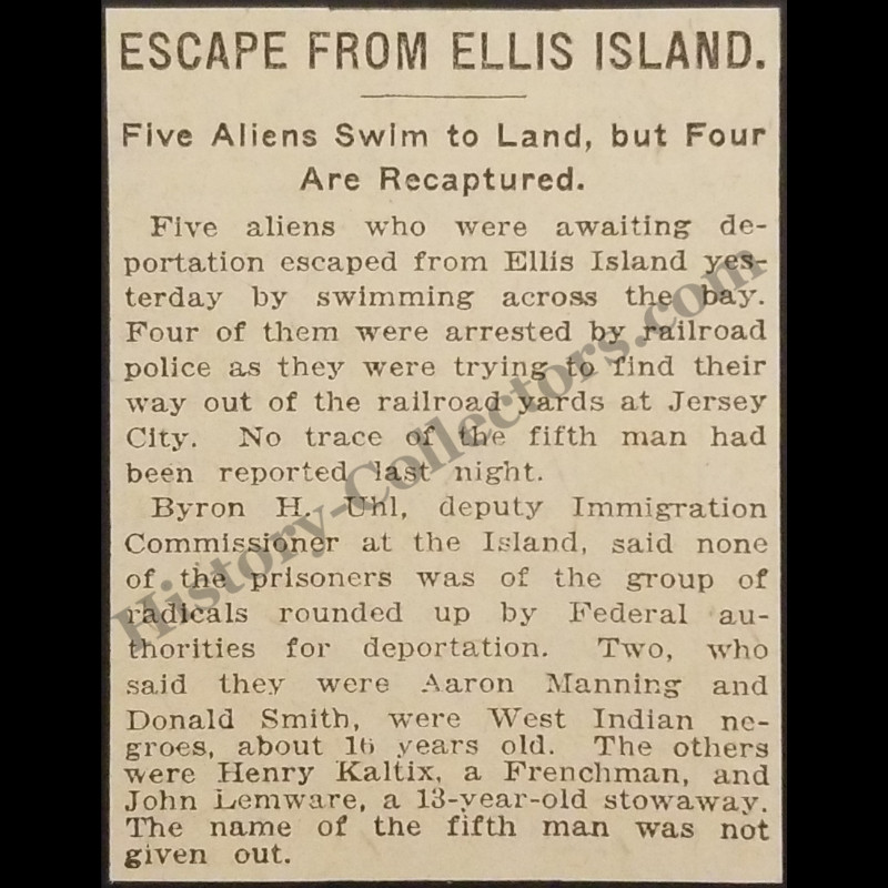 1919 Ellis Island Escapees Print Clipping New York Manning Smith Kaltix