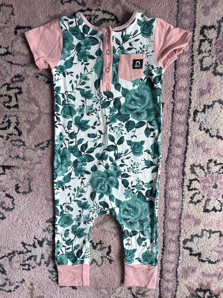 RAGS Floral Romper One-Piece 12-18 Months Pink Green Cotton Modal Pocket Snap