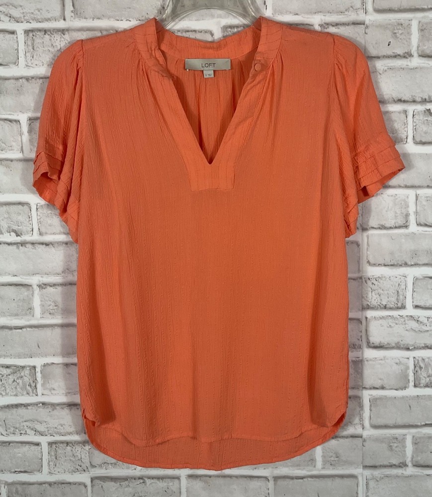 Loft Top Womens Size Small Orange V-Neck Krinkled Pullover Short Flutter Sleeves