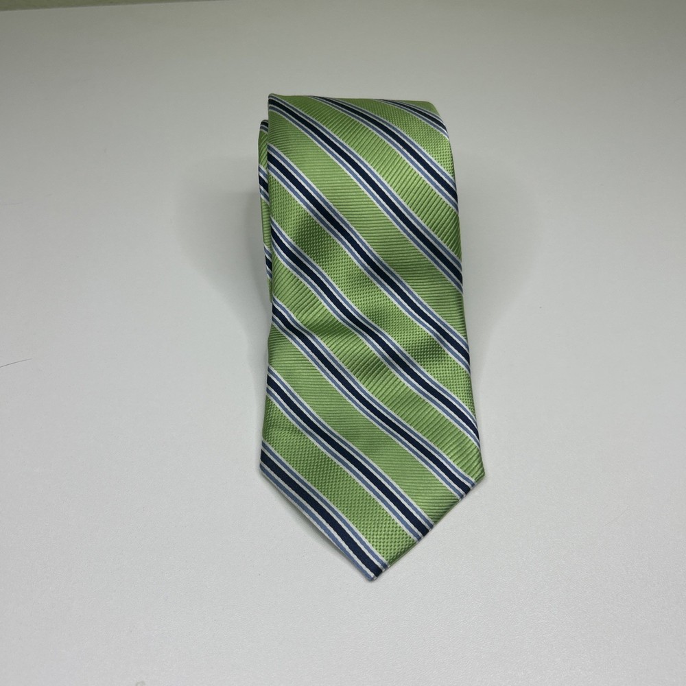 The Tie Bar Green And Navy Stripped 100% Silk Hand Made 60” By 3.5”