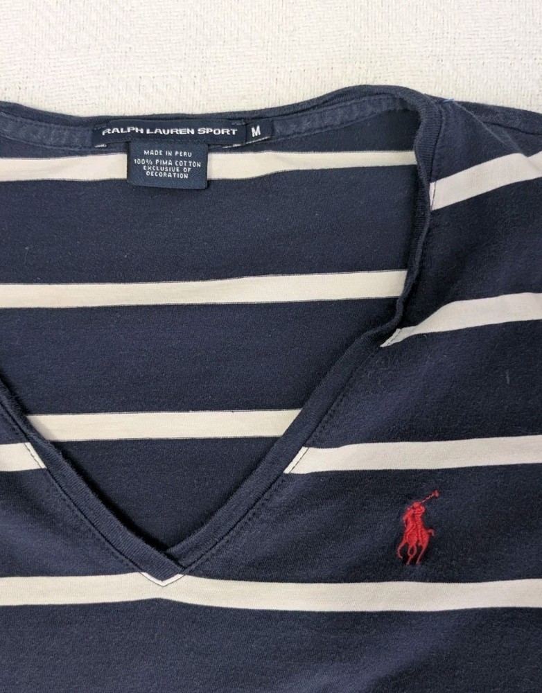 RALPH LAUREN SPORT Women Medium, Blue Stripe V-Neck T-Shirt. Pony Logo. Preppy
