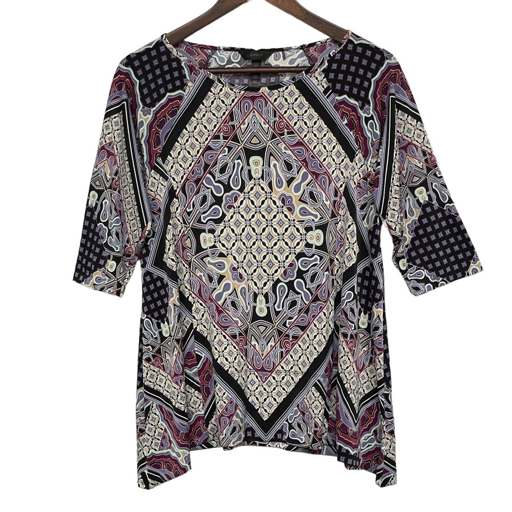 Soma Intimates Top Women Size S Multicolor Geometric Boho Raglan 3/4 Sleeve