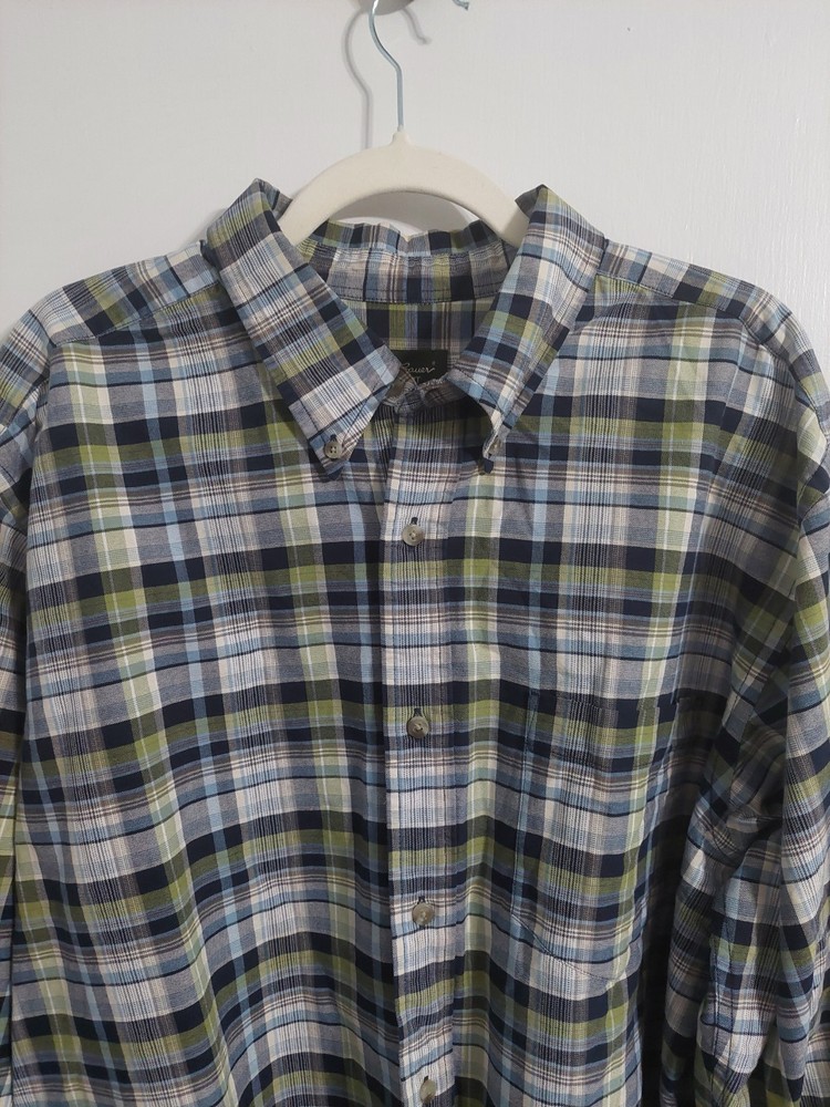 Eddie Bauer Cotton Plaid Blue Green Button-Up Shirt Men's Relaxed Fit XL