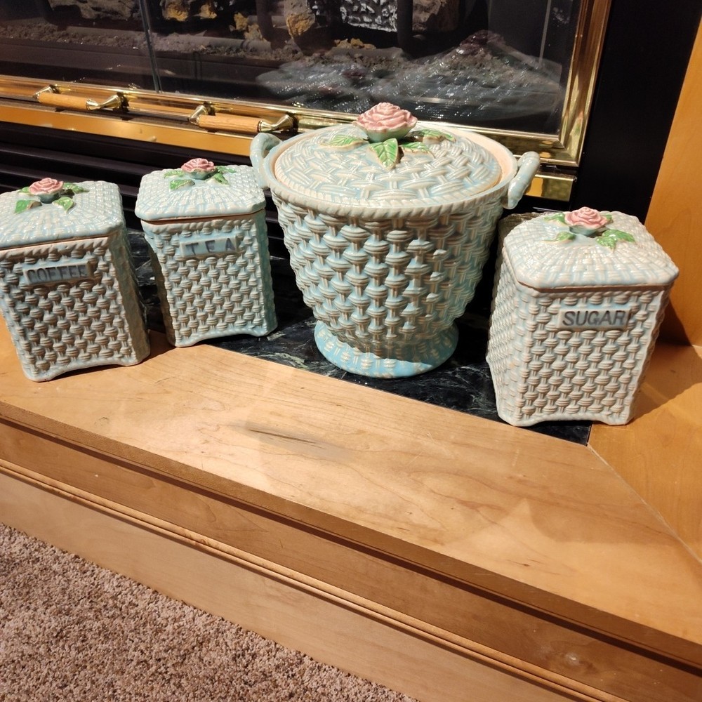 VINTAGE 1930's SET 4 /Lids JAPAN CERAMIC Basketweave Rose CANISTERS Aqua Blue